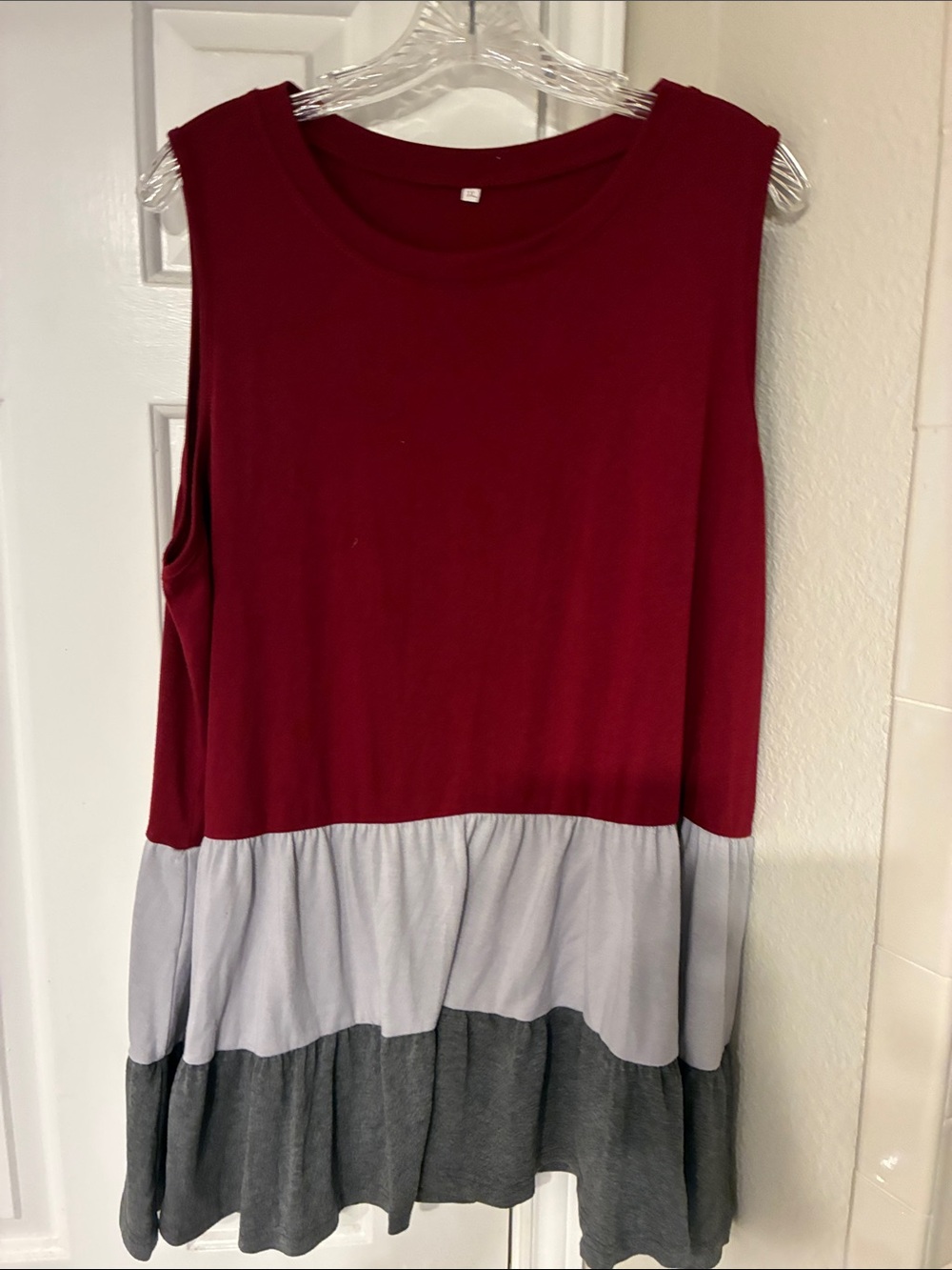 Sleeveless Colorblock Ruffle Hem Top - Burgundy, Light Gray & Charcoal